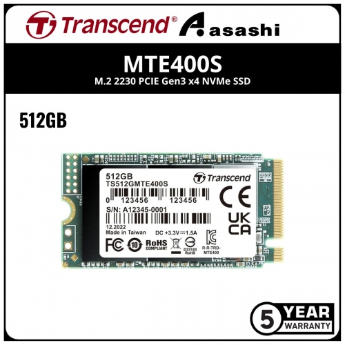 Transcend MTE400S 512GB M.2 2242 PCIE Gen3 x4 NVMe SSD - TS512GMTE400S (Up to 2000MB/s Read & 900MB/s Write)