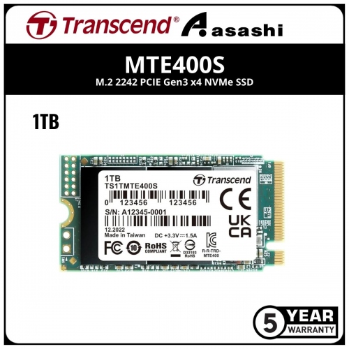 Transcend MTE400S 1TB M.2 2242 PCIE Gen3 x4 NVMe SSD - TS1TMTE400S (Up to 2000MB/s Read & 1700MB/s Write)