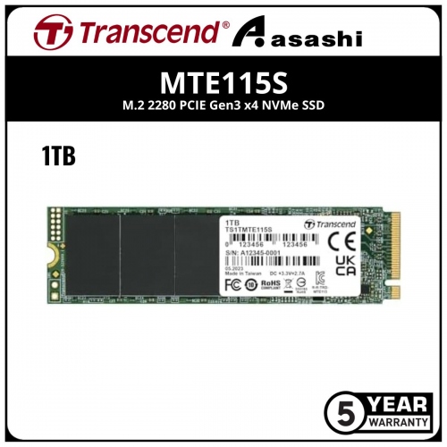 Transcend MTE115S 1TB M.2 2280 PCIE Gen3 x4 NVMe SSD - TS1TMTE115S (Up to 3200MB/s Read & 2000MB/s Write)