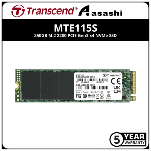 Transcend MTE115S 250GB M.2 2280 PCIE Gen3 x4 NVMe SSD - TS250GMTE115S (Up to 3200MB/s Read & 1300MB/s Write)