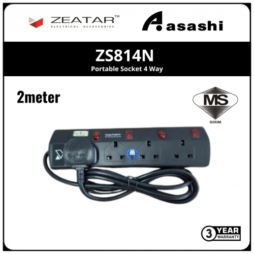Zeatar ZS814N Standard PSE 4 Gang Surge - 2M (3yrs Limited Warranty)