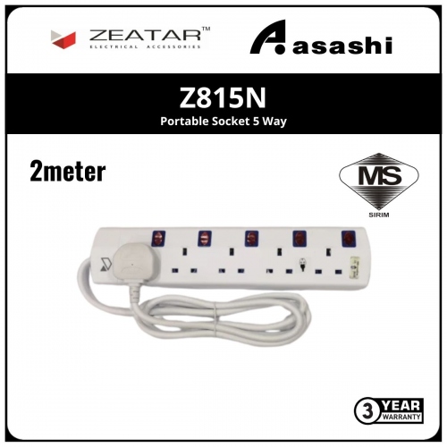 Zeatar Z815N Portable Socket 5 Way - 2M (3yrs Limited Warranty)