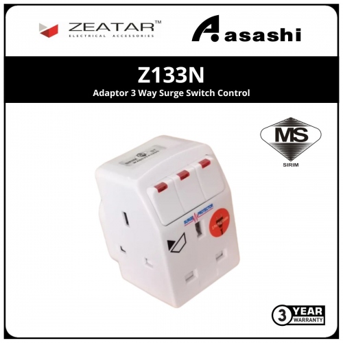 Zeatar Z133N Adaptor 3 Way Surge Switch Control (3yrs Limited Warranty)