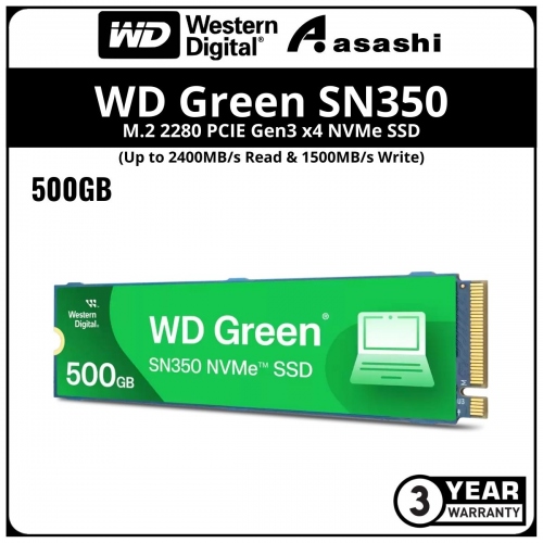 WD Green SN350 500GB M.2 2280 PCIE Gen3 x4 NVMe SSD - WDS500G2G0C (Up to 2400MB/s Read & 1500MB/s Write)