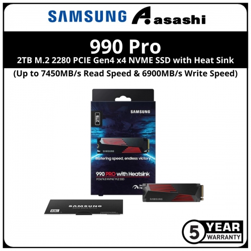 Samsung 990Pro with Heatsink 2TB M.2 2280 PCIE Gen4 x4 NVME SSD - MZ-V9P2T0CW (Up to 7450MB/s Read Speed & 6900MB/s Write Speed)