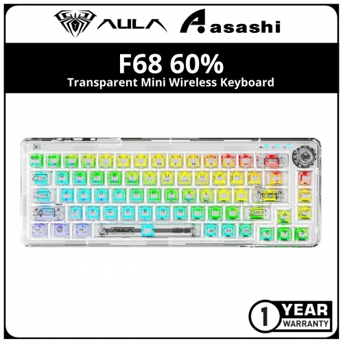 AULA F68 60% (White) Transparent Mini Wireless Keyboard - 2.4Ghz/BT/USB-C