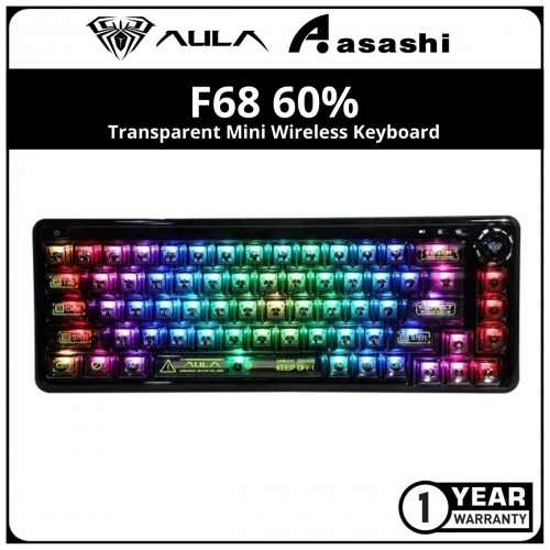 AULA F68 60% (Black) Transparent Mini Wireless Keyboard - 2.4Ghz/BT/USB-C