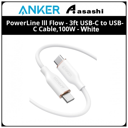 Anker PowerLine lll Flow - 3ft USB-C to USB-C Cable, 100W - White