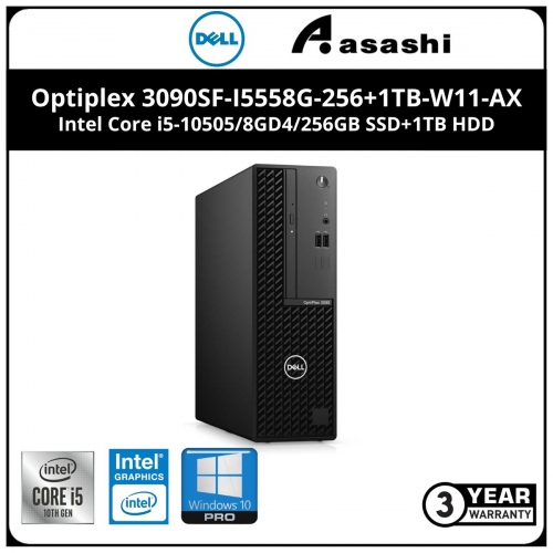 Dell Optiplex 3090SF-I5558G-256+1TB-W11-AX SFF Commercial Desktop - (Intel Core i5-10505/8GD4/256GB SSD+1TB HDD/No-DVD-RW/Intel HD Graphic/Wired KB & Mouse/Win10 Pro/3Yrs ProSupport)