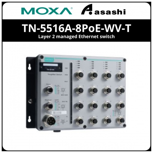 MOXA TN-5516A-8PoE-WV-T Layer 2 managed Ethernet switch with 8 10/100BaseT(X) ports and 8 802.3at PoE+ M12 connectors
