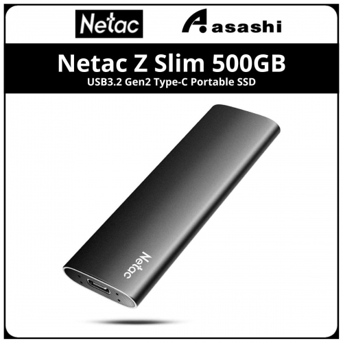 Netac Z Slim 500GB USB3.2 Gen2 Type-C Portable SSD - NT01ZSLIM-500G-32BK (Up to Read Speed:550MB/s, Write Speed 480MB/s