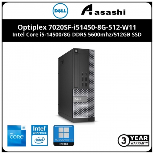 Dell Optiplex 7020SF-i51450-8G-512-W11 SFF Commercial Desktop - (Intel Core i5-14500/8G DDR5 5600mhz/512GB SSD/Intel UHD Graphic/Wired KB & Mouse/Win11Pro/3Yrs)