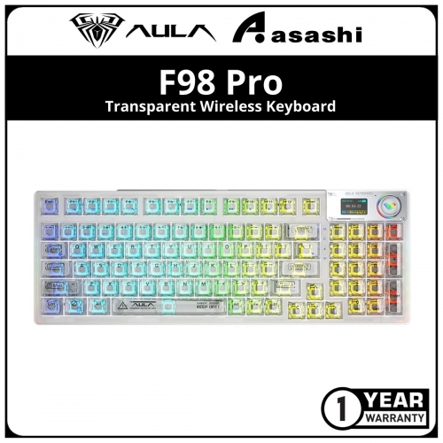 AULA F98 PRO (White) Transparent Wireless Keyboard Digital Display - 2.4Ghz/BT/USB-C