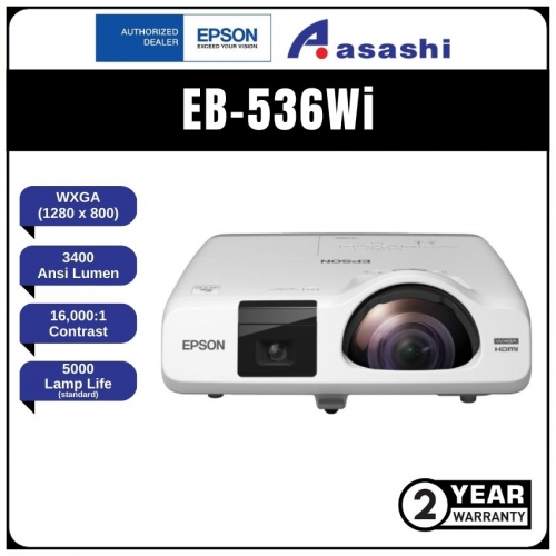 Epson EB-536Wi (Short Throw Interactive) WXGA, 3400AL, 16,000:1 Contrast Ratio, Lamp Life 10,000hrs, 3.9kg, Dual Interactive Pen, 16W Speaker, Network Monitoring & Control, Optional Wireless, iProjection. Projector