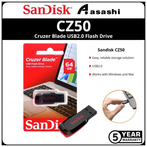 Sandisk CZ50 Black 64GB Cruzer Blade Usb2.0 Flash Drive (SDCZ50-064G-B35)