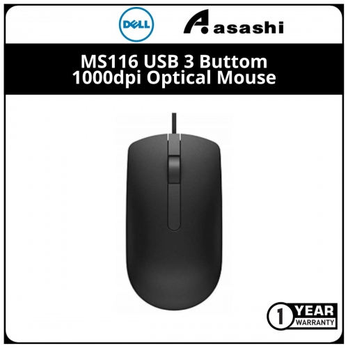 Dell MS116-BK USB 3 Buttom 1000dpi Optical Mouse (1 yrs Manufacturer Warranty)