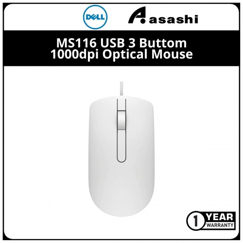 Dell MS116-WHT USB 3 Buttom 1000dpi Optical Mouse (1 yrs Manufacturer Warranty)