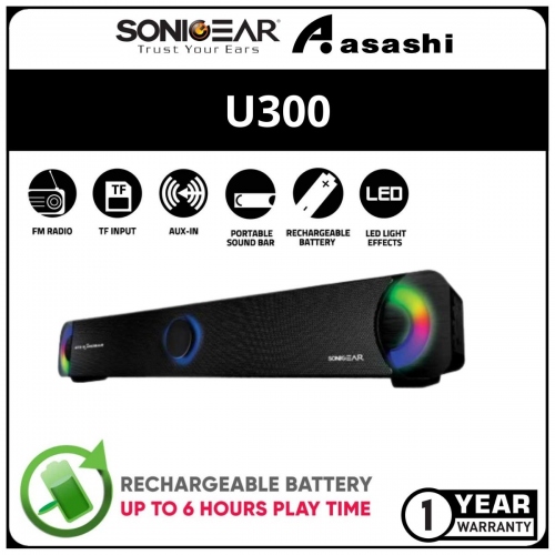 Sonic Gear U300 USB Portable Powerful Audio Sound Bar | Master Volume Control | FM Radio | Lightning Effects - 1Y