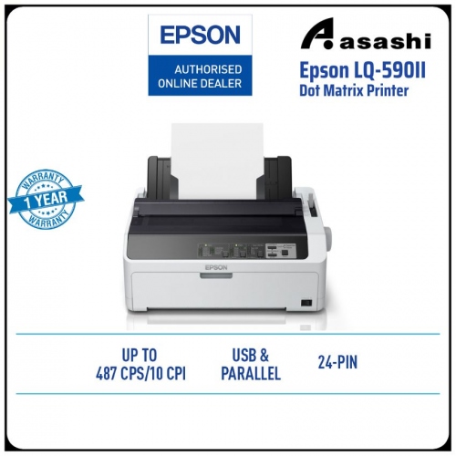 Epson LQ-590II Dot Matrix Printer - 24-pin, 80 columns, 487cps (high speed draft@10cpi), 1+6 copies, USB 2.0, parallel, No Network Support 1Years Warranty