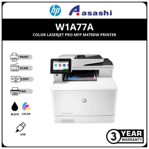 HP Color LaserJet Pro MFP M479dw AIO Color Laser Printer (W1A77A) Function : Print, Scan, Copy, <br>Black: Up to 27 ppm, Color: Up to 27ppm<br>Print Quality :Up to 600 x 600dpi<br>Monthly Duty Cycle Up to 50,000 pages, Duplex, Ethernet Networking, Wireless / ePrint / Wireless Direct<br>Memory : 512MB NAND Flash/512 MB DRAM, Processor Speed :1200 MHz