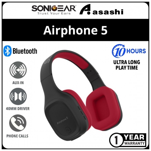 Sonic Gear Airphone 5 (Red) Bluetooth 5.0 Headphone | High Clarity | Strong Bass | Built-In Microphone | 1 Year Warranty