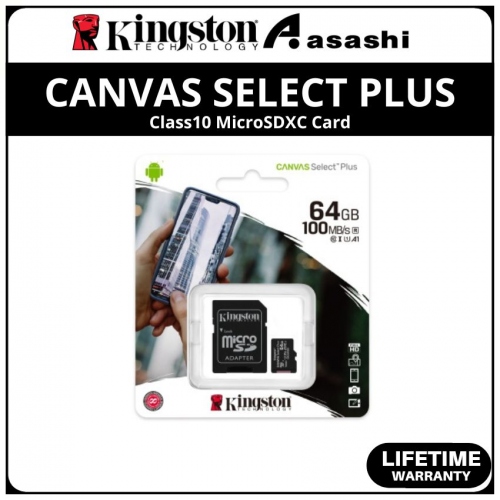 Kingston Canvas Select Plus 64GB UHS-I U1 Class10 MicroSDXC Card - Up to 100MB/s Read Speed