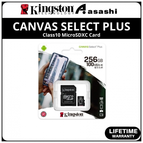 Kingston Canvas Select Plus 256GB UHS-I U3 V30 Class10 MicroSDXC Card - Up to 100MB/s Read Speed,85MB/s Write Speed