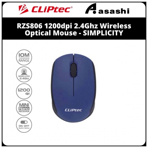 CLiPtec RZS806 Blue 1200dpi 2.4Ghz Wireless Optical Mouse - SIMPLICITY