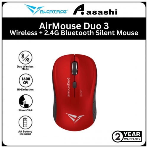 Alcatroz AirMouse Duo 3 Red Wireless + 2.4G Bluetooth Silent Mouse with Battery (1 yrs Limited Hardware Warranty)