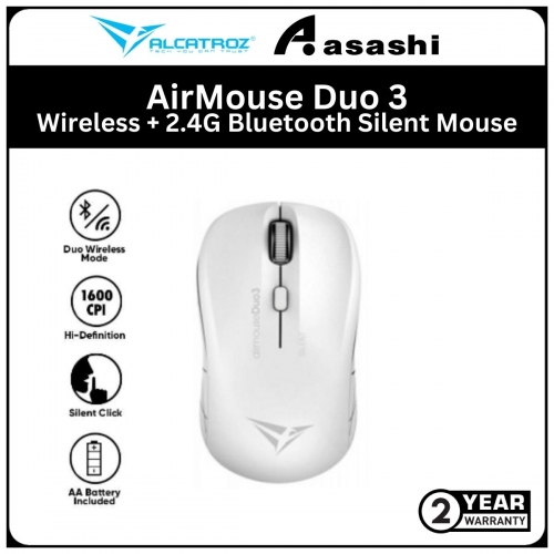 Alcatroz AirMouse Duo 3 White Wireless + 2.4G Bluetooth Silent Mouse with Battery (1 yrs Limited Hardware Warranty)