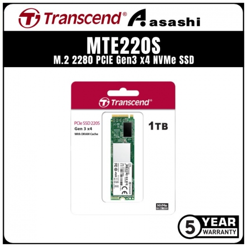 Transcend MTE220S 1TB M.2 2280 PCIE Gen3 x4 NVMe SSD - TS1TMTE220S (Up to 3500MB/s Read & 3200MB/s Write)
