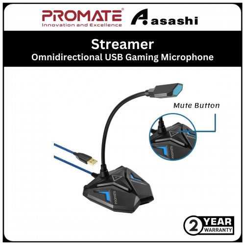 Promate Streamer-Blue High Sensitivity Omnidirectional USB Gaming Microphone With Flexible Gooseneck,