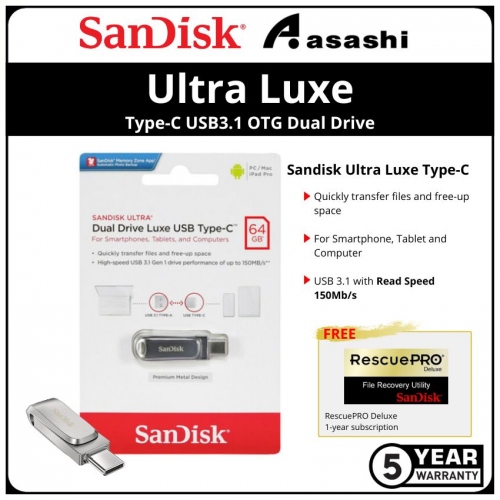 Sandisk Luxe Silver 64GB Ultra Type-C USB3.1 OTG Dual Drive - SDDDC4-064G-G46