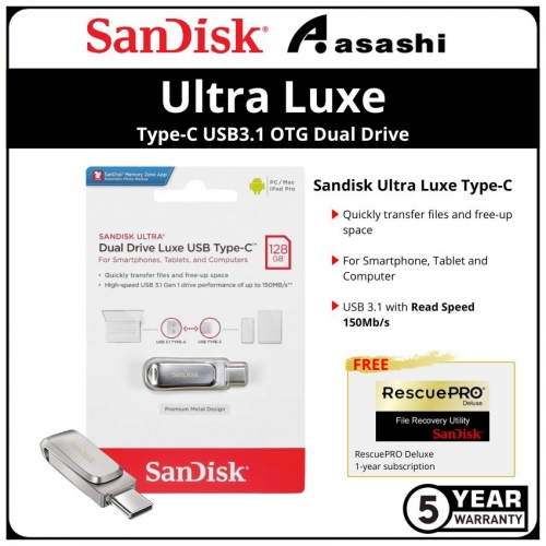 Sandisk Luxe Silver 128GB Ultra Type-C USB3.1 OTG Dual Drive - SDDDC4-128G-G46