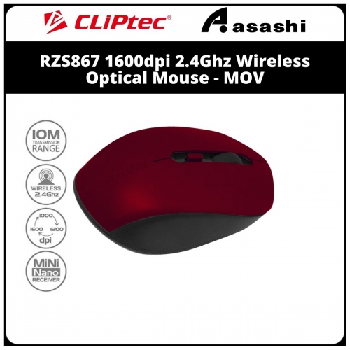 CLiPtec RZS867 Maroon 1600dpi 2.4Ghz Wireless Optical Mouse - MOV
