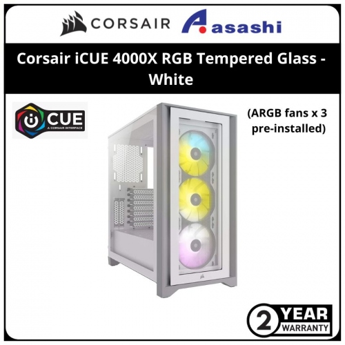 Corsair iCUE 4000X RGB Tempered Glass Mid-Tower ATX Case (3x ARGB Fan) - White