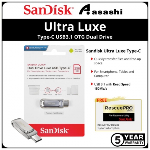 Sandisk Luxe Silver 256GB Ultra Type-C USB3.1 OTG Dual Drive - SDDDC4-256G-G46