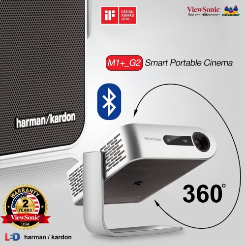 Viewsonic M1+G2 300Ansi Lumens Ultra Portable LED Projector, USB, HDMI, Micro SD Card Slot Built In Harman Kardon Speaker