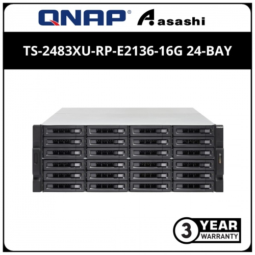 Qnap TS-2483XU-RP-E2136-16G 24-Bay NAS, (Intel® Xeon® E-2136 quad-core 3.3 GHz processor (burst up to 4.5 GHz), 16 GB UDIMM DDR4 (2 x 8GB), 24x 2.5