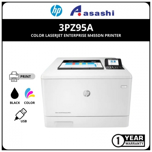 HP Color Laserjet Enterprise M455DN Printer 3PZ95A (Print/ Black/Color : Up to 27 ppm/ Up to 600 x 600 dpi/ Up to 55K monthly duty cycle/ Duplex/ Gigabit Lan/ ePrint/ Memory 1.25GB / 800Mhz / 1 Year Onsite Warranty)