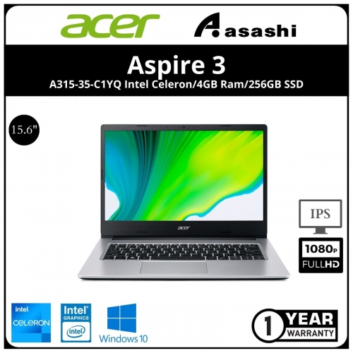 Acer Aspire 3 A315-35-C1YQ Notebook-(Intel Celeron N4500/4GB OB(1 Extra Slot)/256GB SSD/Intel HD Graphics/15.6