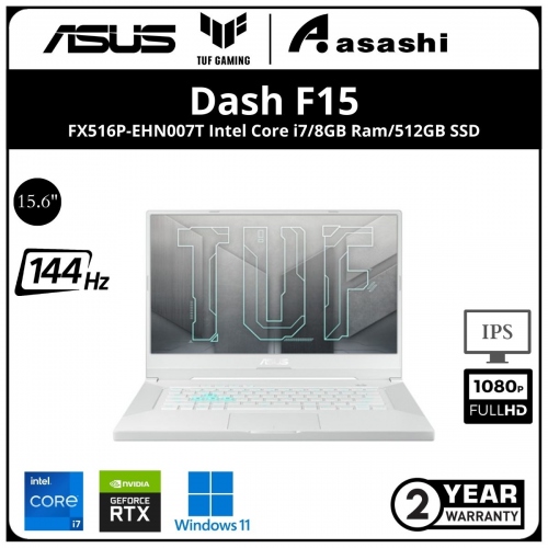 Asus TUF DASH F15 FX516P-EHN007T Gaming Notebook - (Intel Core i7-11370H/8GB D4 3200Mhz(Extra 1 Slot)/512GB SSD(Extra 1 M.2 Slot)/15.6