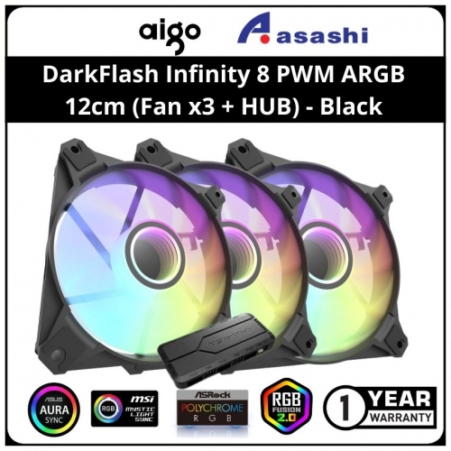 PROMO AIGO darkFlash Infinity 8 3-in-1 PWM ARGB 12cm Casing Fan (Fan x3 + HUB) - Black