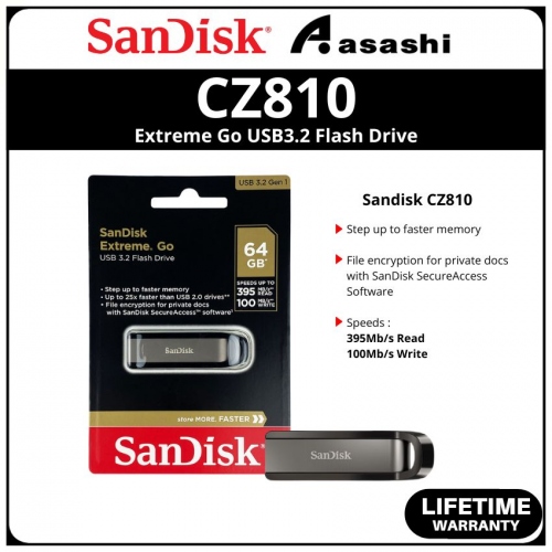 Sandisk CZ810 64GB Extreme Go USB3.2 Gen1 Flash Drive - SDCZ810-064G-G46 (Up to 400MB/s Read, 240MB/s Write)
