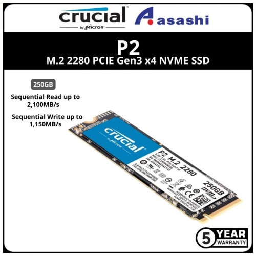 Crucial P2 250GB M.2 2280 PCIE Gen3 x4 NVME SSD - CT250P2SSD8 (Up to 2100MB/s Read & 1150MB/s Write)