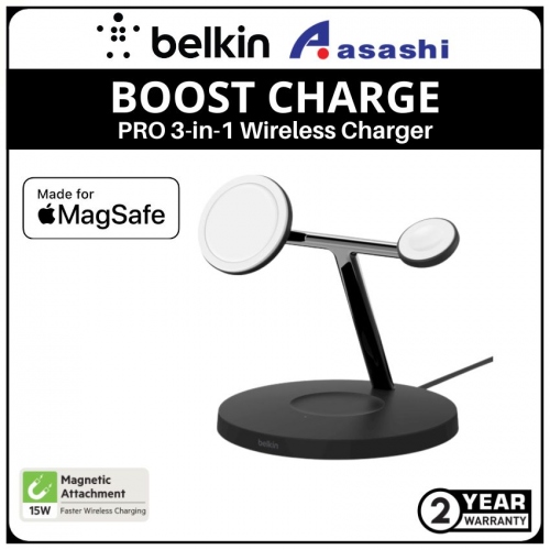 Belkin BOOST Charge PRO 3-in-1 Wireless Charger Stand With MagSafe - Black