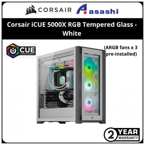Corsair iCUE 5000X RGB Tempered Glass Mid-Tower ATX Smart Case (x3 ARGB Fan) - White
