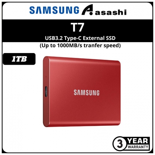 Samsung T7-Metalic Red 1TB USB3.2 Type-C External SSD - MU-PC1T0RWW (Up to 1050MB/s Read speed & 1000MB/s Write Speed)