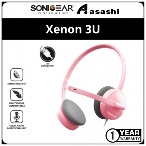 Sonic Gear Xenon 3U Series (Pink) USB Stereo Wired Headphone with Microphone | Portable Light Weight | 1 Year Warranty