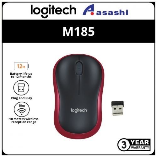 Logitech M185-Red Wireless Optical Mouse (3 yrs Limited Hardware Warranty)